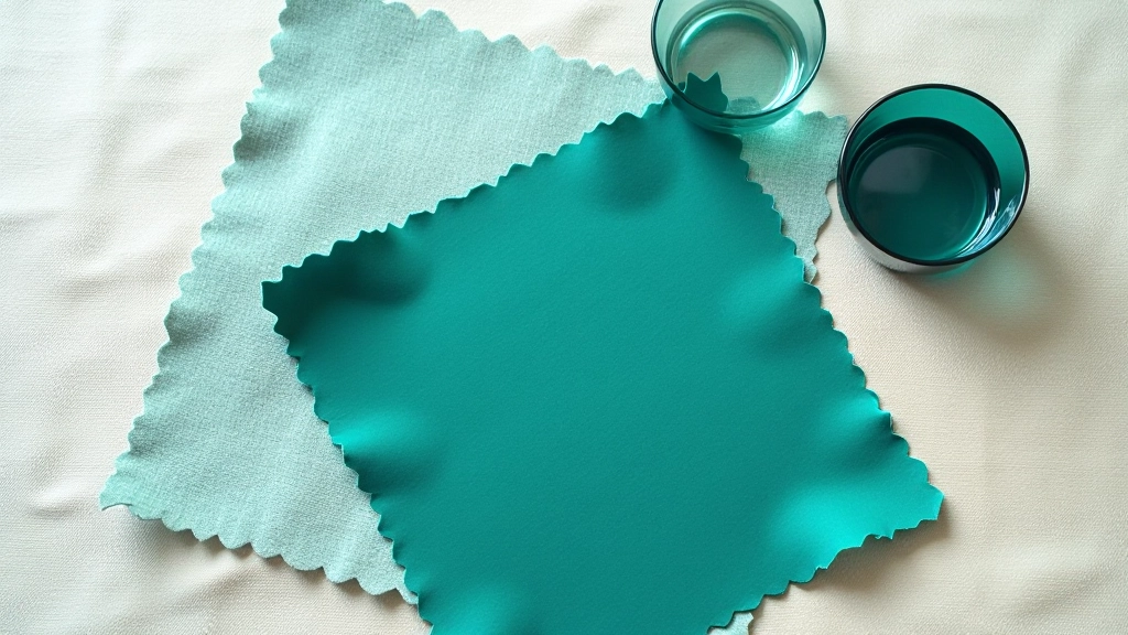 Detalhe de textura mostrando diferentes materiais em tons frios: linho cinza, veludo verde, vidro azul, e madeira natural