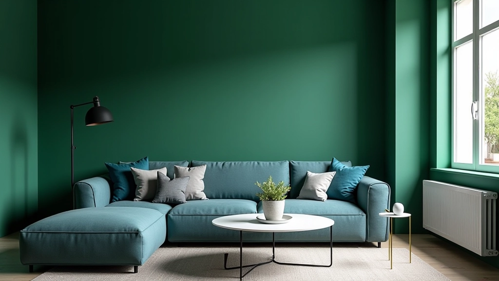 Combinação de tons frios: verdes profundos com cinzas e azuis em uma sala moderna com design tradicional português