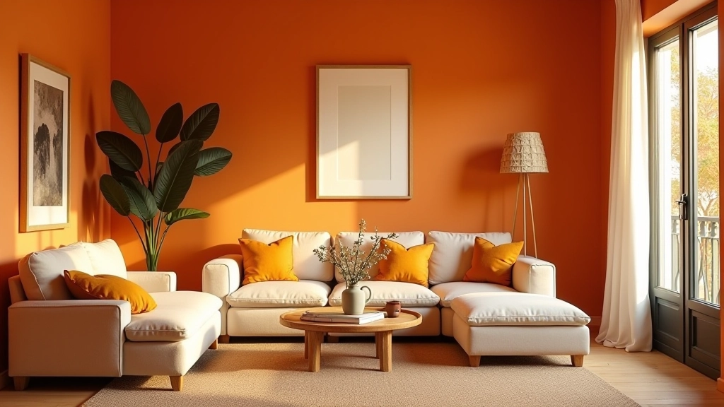 Sala de estar com parede principal em ocre, mostrando como o tom funciona com têxteis e iluminação ambiente