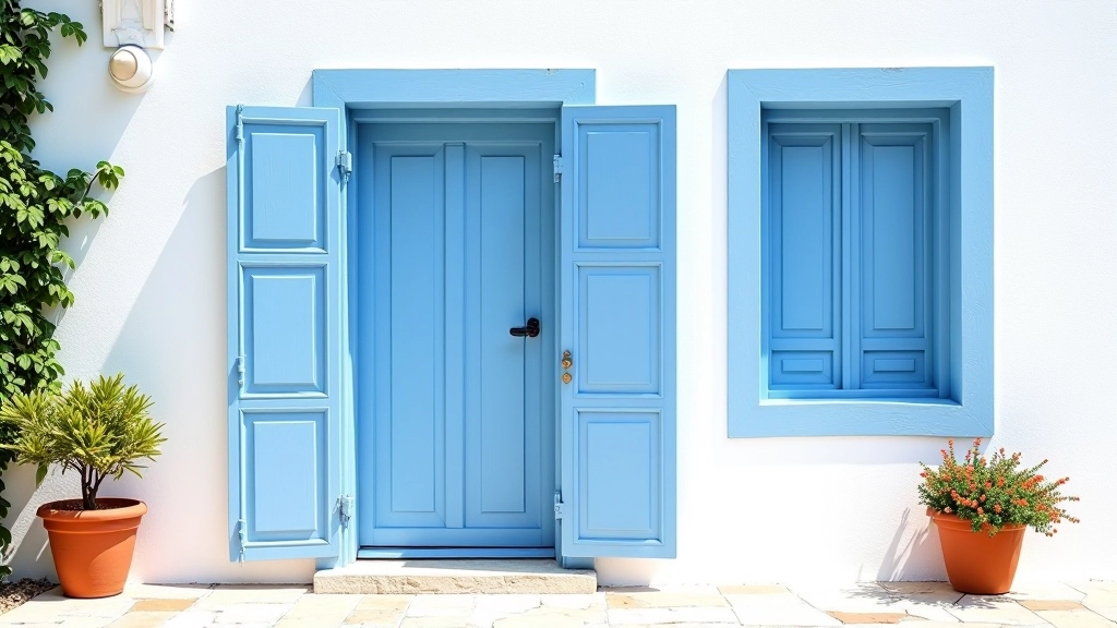 Fachada de casa mediterrânica com paredes brancas, porta azul profundo, e janelas com molduras azuis, flores em vasos de cerâmica
