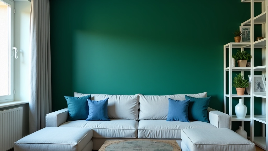 Sala de estar com parede verde profundo, sofá cinzento, almofadas azuis e luminária moderna em design português