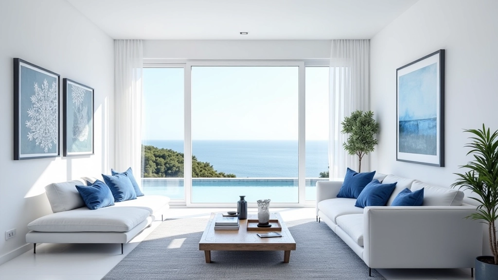 Sala de estar com paredes brancas e detalhes em azul profundo, janelas grandes com vista para o mar, design interior mediterrânico