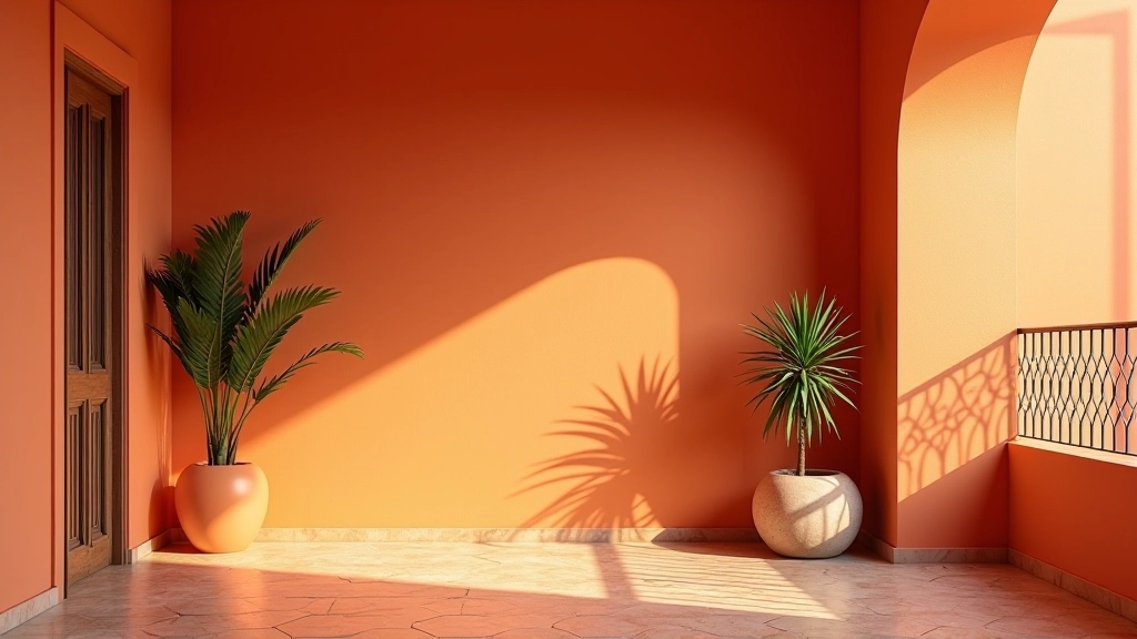 Parede interior portuguesa com cores quentes em tons de terracota e ocre, luz natural dourada
