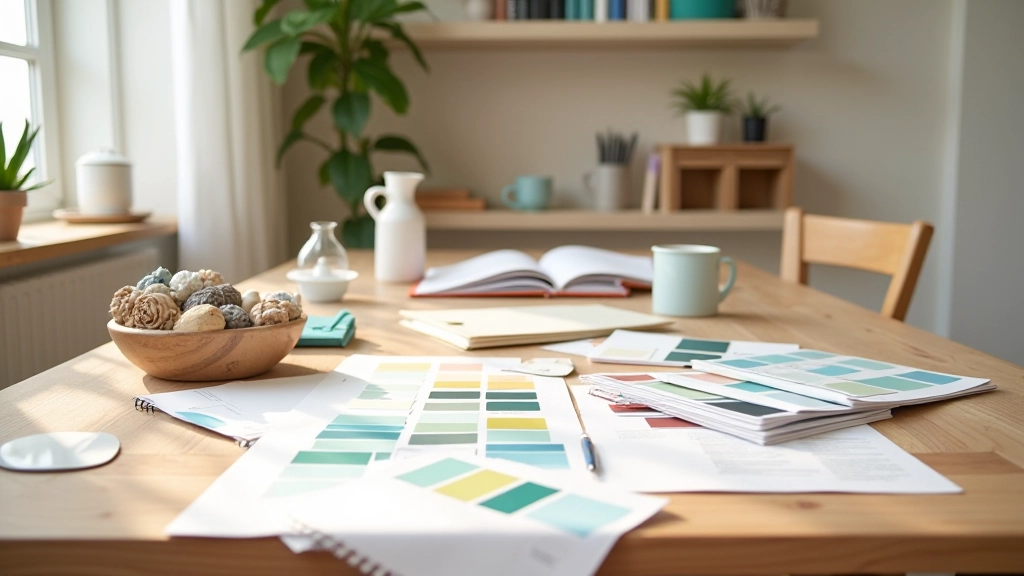 Espaço de trabalho com amostras de cores, referências de azulejos e materiais de inspiração mediterrânica