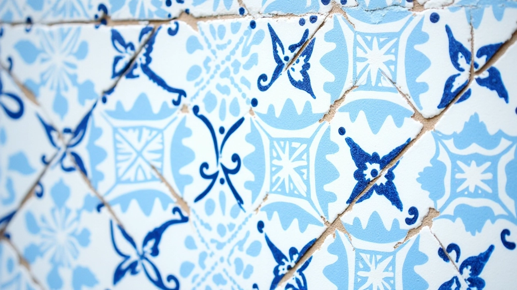 Azulejos tradicionais portugueses com padrões geométricos em tons de azul e branco em uma parede