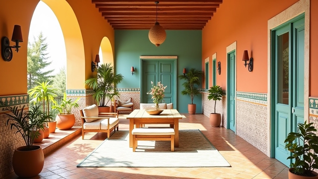 Interior de casa portuguesa com paleta mediterrânica autêntica, tons quentes e azulejos tradicionais