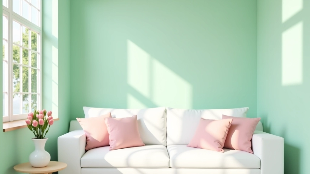 Sala de primavera com tons de verde menta, almofadas em rosa claro, e luz solar filtrando por cortinas brancas transparentes