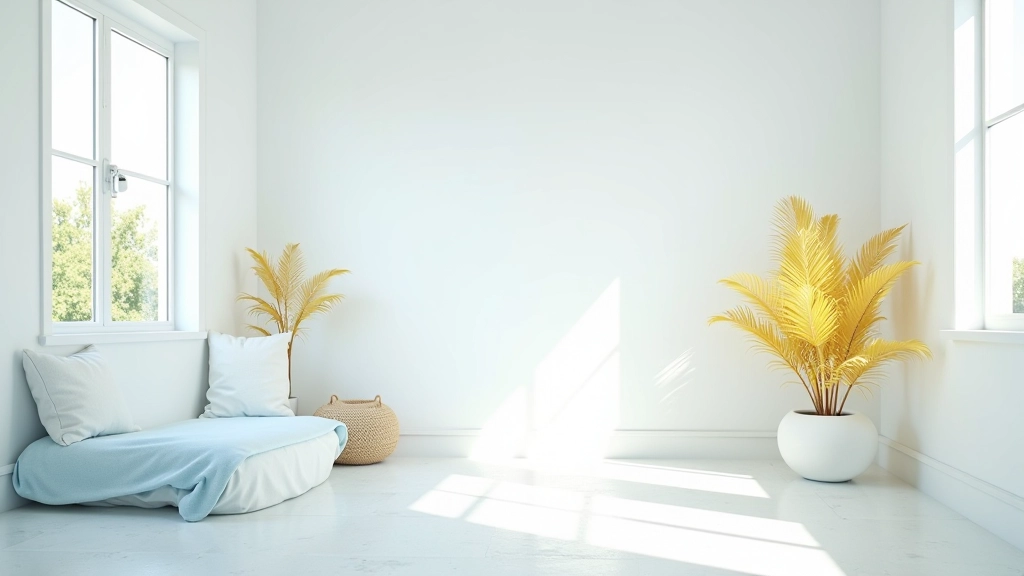 Interior de verão com cores azul céu, branco puro, e acentos em amarelo limão com luz solar direta nas paredes