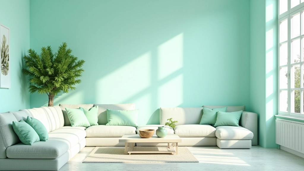 Cores sazonais de verão com azuis claros e verdes menta em uma sala com luz solar intensa